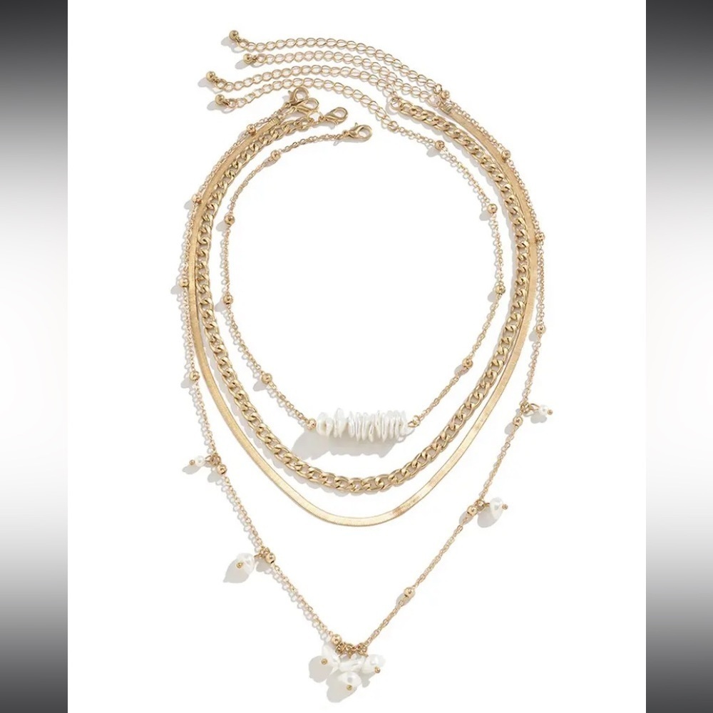 Flirty Layered Tiered 4Pcs Faux Pearl Beading Chain Layered Necklaces Set Gold. - Picture 2 of 4